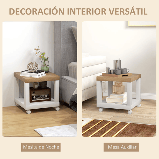HOMCOM Mesa Auxiliar com Rodas Mesa Auxiliar com Prateleira Aberta para Sofá Dormitório 40x40x40 cm Branco e Madeira
