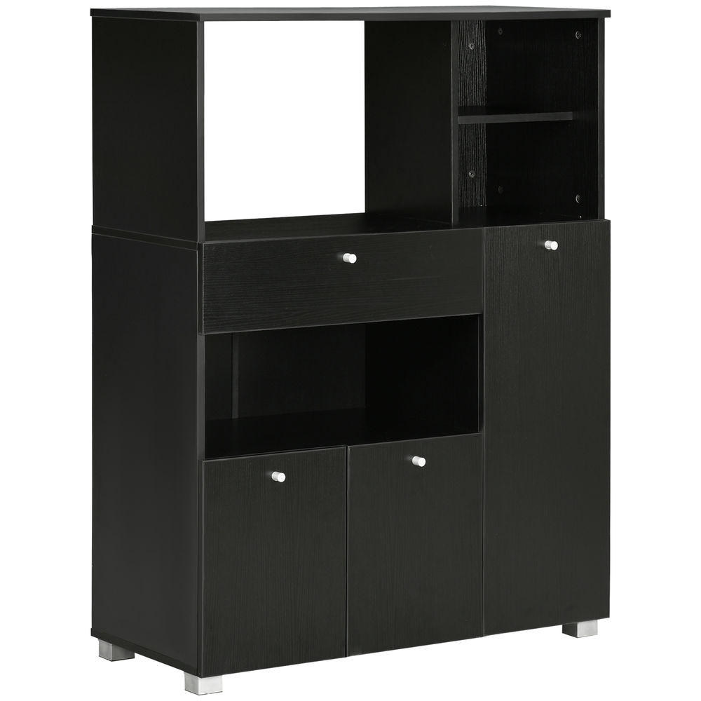 Homcom mueble auxiliar de cocina mueble para microondas aparador de cocina con cajón estantes 3 puertas 3 compartimientos diseño anti-vuelco para comedor 90x40x120 cm negro