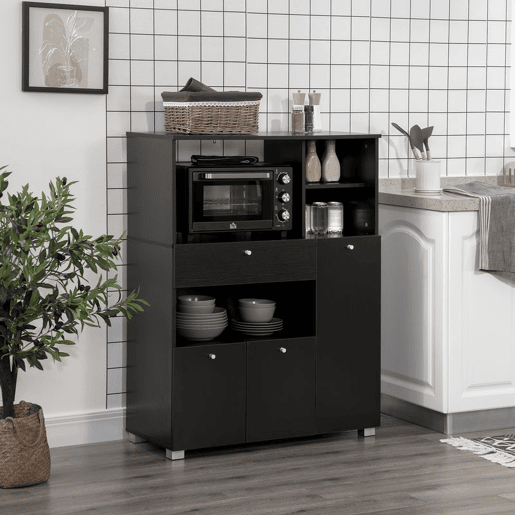 HOMCOM Aparador Auxiliar para Microondas Buffet de Cozinha com 2 Armários com Portas 1 Gaveta e Prateleiras de Armazenamento 90x40x120 cm Preto