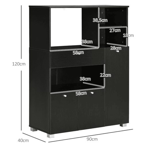 HOMCOM Aparador Auxiliar para Microondas Buffet de Cozinha com 2 Armários com Portas 1 Gaveta e Prateleiras de Armazenamento 90x40x120 cm Preto