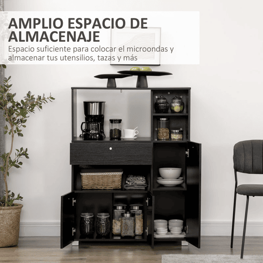 HOMCOM Aparador Auxiliar para Microondas Buffet de Cozinha com 2 Armários com Portas 1 Gaveta e Prateleiras de Armazenamento 90x40x120 cm Preto