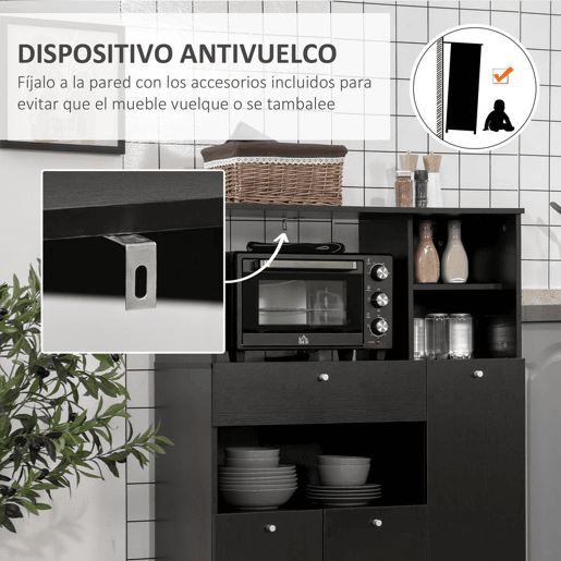 HOMCOM Aparador Auxiliar para Microondas Buffet de Cozinha com 2 Armários com Portas 1 Gaveta e Prateleiras de Armazenamento 90x40x120 cm Preto