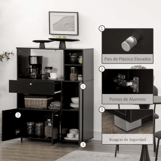 HOMCOM Aparador Auxiliar para Microondas Buffet de Cozinha com 2 Armários com Portas 1 Gaveta e Prateleiras de Armazenamento 90x40x120 cm Preto