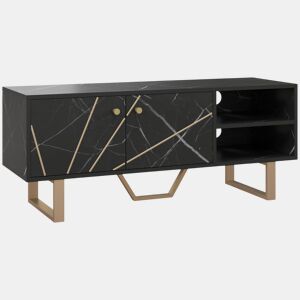HOMCOM Móvel de TV Móvel para Televisor com 2 Portas Prateleira Ajustável e Efeito Mármore Móvel de TV para Sala de Estar para Televisores de 50 Polegadas 110x35x45 cm Preto e Dourado