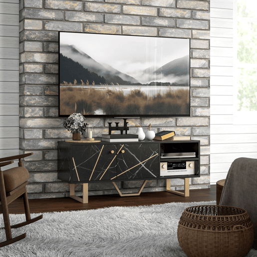 HOMCOM Móvel de TV Móvel para Televisor com 2 Portas Prateleira Ajustável e Efeito Mármore Móvel de TV para Sala de Estar para Televisores de 50 Polegadas 110x35x45 cm Preto e Dourado