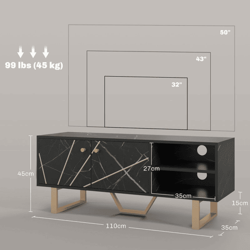 HOMCOM Móvel de TV Móvel para Televisor com 2 Portas Prateleira Ajustável e Efeito Mármore Móvel de TV para Sala de Estar para Televisores de 50 Polegadas 110x35x45 cm Preto e Dourado