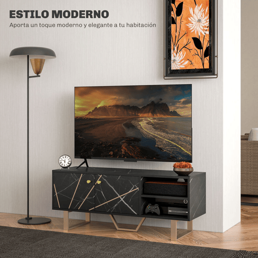HOMCOM Móvel de TV Móvel para Televisor com 2 Portas Prateleira Ajustável e Efeito Mármore Móvel de TV para Sala de Estar para Televisores de 50 Polegadas 110x35x45 cm Preto e Dourado