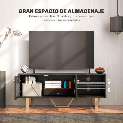 HOMCOM Móvel de TV Móvel para Televisor com 2 Portas Prateleira Ajustável e Efeito Mármore Móvel de TV para Sala de Estar para Televisores de 50 Polegadas 110x35x45 cm Preto e Dourado