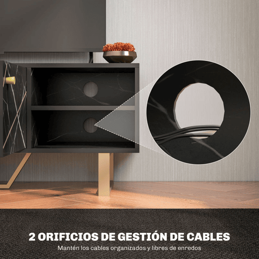 HOMCOM Móvel de TV Móvel para Televisor com 2 Portas Prateleira Ajustável e Efeito Mármore Móvel de TV para Sala de Estar para Televisores de 50 Polegadas 110x35x45 cm Preto e Dourado