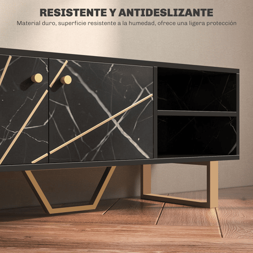 HOMCOM Móvel de TV Móvel para Televisor com 2 Portas Prateleira Ajustável e Efeito Mármore Móvel de TV para Sala de Estar para Televisores de 50 Polegadas 110x35x45 cm Preto e Dourado