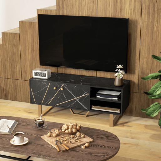 HOMCOM Móvel de TV Móvel para Televisor com 2 Portas Prateleira Ajustável e Efeito Mármore Móvel de TV para Sala de Estar para Televisores de 50 Polegadas 110x35x45 cm Preto e Dourado