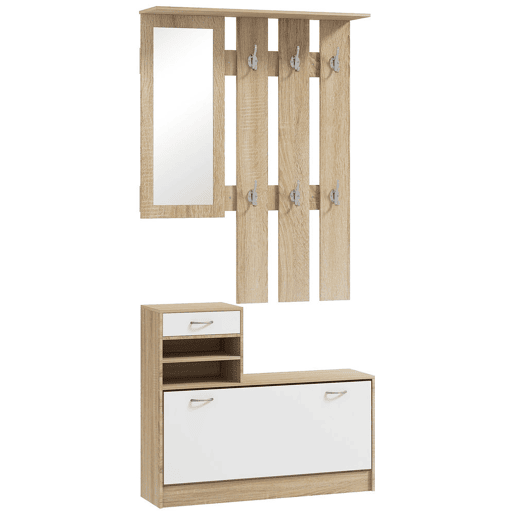 HOMCOM Móvel Cabide de Entrada de 3 Peças Armário de Entrada com Cabide Espelho Sapateira e Gaveta 90x10x102 cm Branco e Madeira
