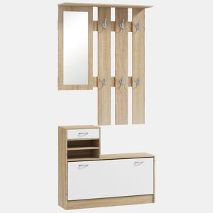 HOMCOM Móvel Cabide de Entrada de 3 Peças Armário de Entrada com Cabide Espelho Sapateira e Gaveta 90x10x102 cm Branco e Madeira
