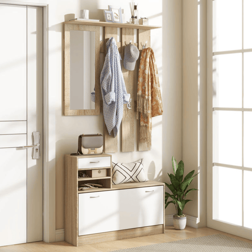 HOMCOM Móvel Cabide de Entrada de 3 Peças Armário de Entrada com Cabide Espelho Sapateira e Gaveta 90x10x102 cm Branco e Madeira