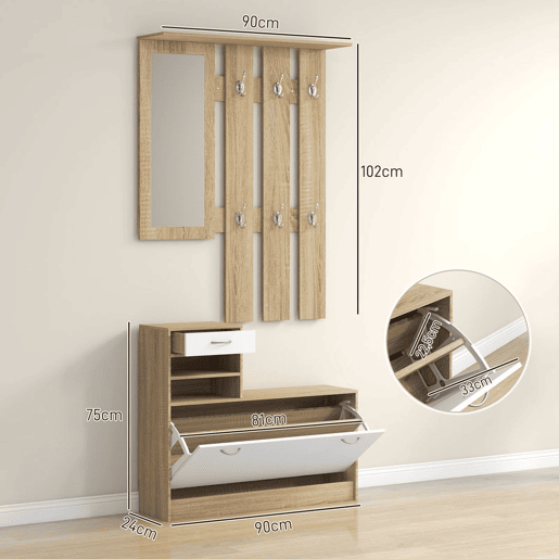 HOMCOM Móvel Cabide de Entrada de 3 Peças Armário de Entrada com Cabide Espelho Sapateira e Gaveta 90x10x102 cm Branco e Madeira