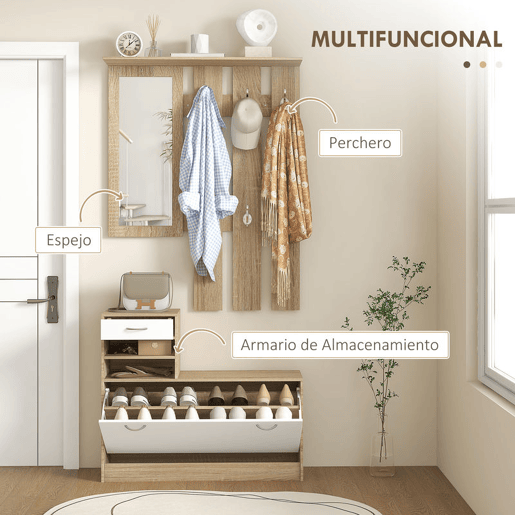 HOMCOM Móvel Cabide de Entrada de 3 Peças Armário de Entrada com Cabide Espelho Sapateira e Gaveta 90x10x102 cm Branco e Madeira