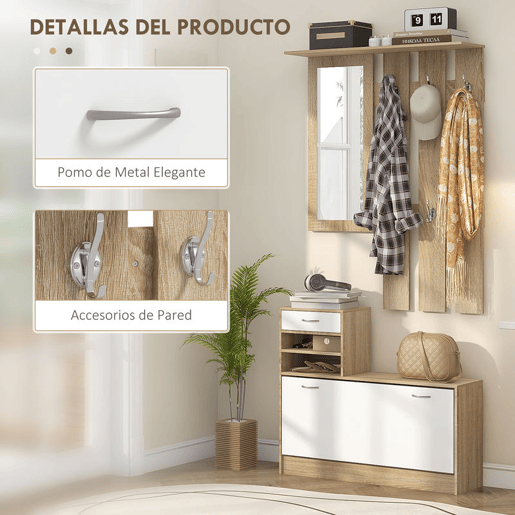 HOMCOM Móvel Cabide de Entrada de 3 Peças Armário de Entrada com Cabide Espelho Sapateira e Gaveta 90x10x102 cm Branco e Madeira