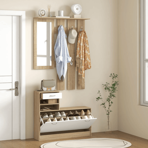 HOMCOM Móvel Cabide de Entrada de 3 Peças Armário de Entrada com Cabide Espelho Sapateira e Gaveta 90x10x102 cm Branco e Madeira