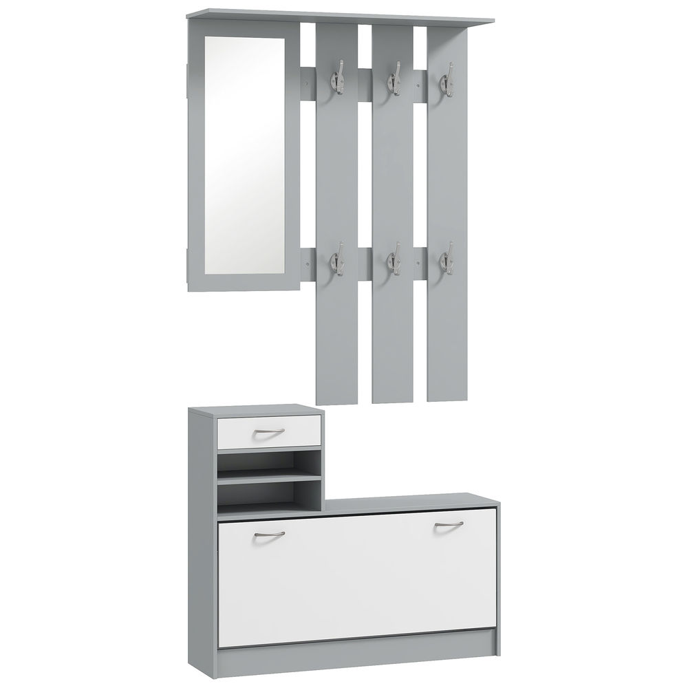 Homcom recibidor de entrada con espejo perchero y zapatero mueble de recibidor de 2 piezas con 6 ganchos estantes y cajón abatible para pasillo gris oscuro