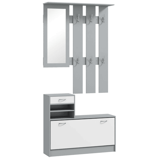 HOMCOM Móvel Cabide de Entrada de 3 Peças Armário de Entrada com Cabide Espelho Sapateira e Gaveta 90x10x102 cm Branco e Cinza
