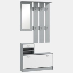HOMCOM Móvel Cabide de Entrada de 3 Peças Armário de Entrada com Cabide Espelho Sapateira e Gaveta 90x10x102 cm Branco e Cinza