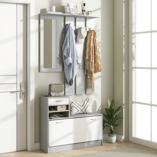 HOMCOM Móvel Cabide de Entrada de 3 Peças Armário de Entrada com Cabide Espelho Sapateira e Gaveta 90x10x102 cm Branco e Cinza