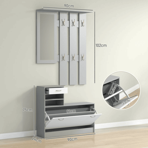 HOMCOM Móvel Cabide de Entrada de 3 Peças Armário de Entrada com Cabide Espelho Sapateira e Gaveta 90x10x102 cm Branco e Cinza