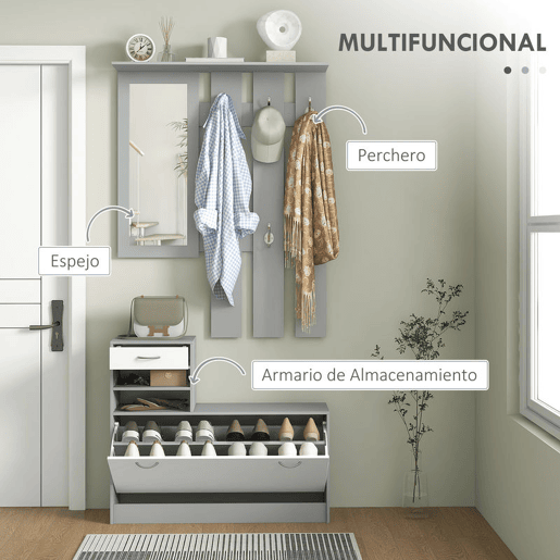 HOMCOM Móvel Cabide de Entrada de 3 Peças Armário de Entrada com Cabide Espelho Sapateira e Gaveta 90x10x102 cm Branco e Cinza