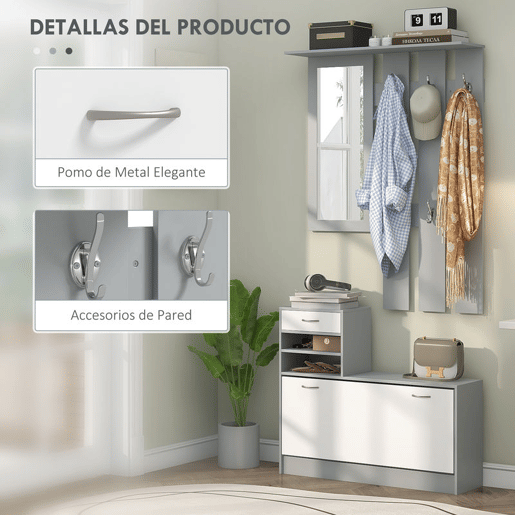 HOMCOM Móvel Cabide de Entrada de 3 Peças Armário de Entrada com Cabide Espelho Sapateira e Gaveta 90x10x102 cm Branco e Cinza