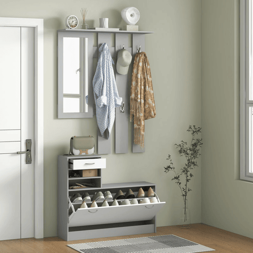HOMCOM Móvel Cabide de Entrada de 3 Peças Armário de Entrada com Cabide Espelho Sapateira e Gaveta 90x10x102 cm Branco e Cinza