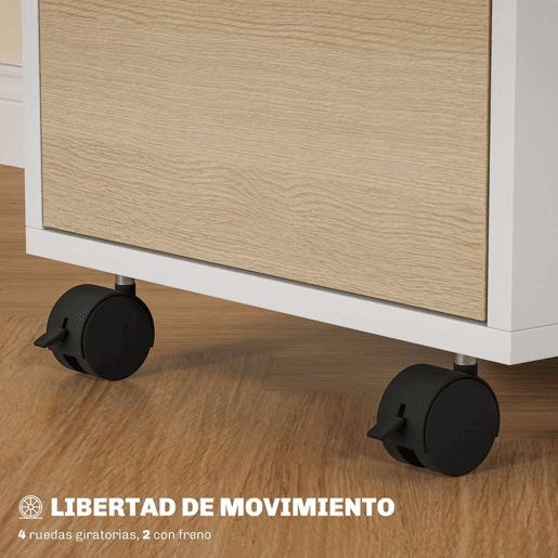 HOMCOM Arquivador com 3 Gavetas, Móvel de Escritório com Rodas, Fechadura e 2 Chaves, Arquivador Móvel para Escritório, Sala, 40x40x63,5 cm, Branco e Carvalho