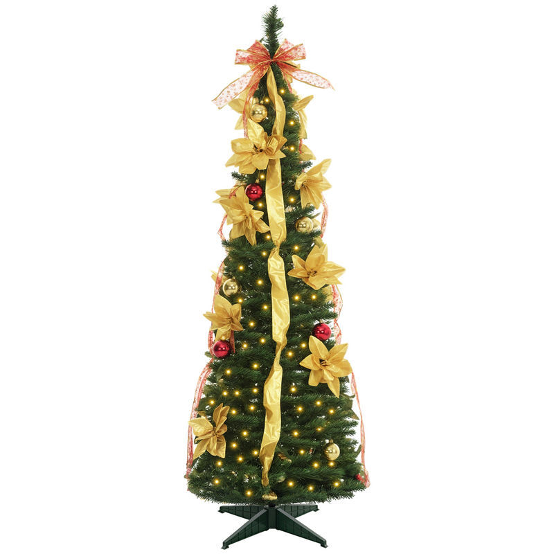 Homcom árbol de navidad 150 cm árbol de navidad con luces led árbol de navidad artificial plegable con adornos pre-instalados árbol navideño para interior verde