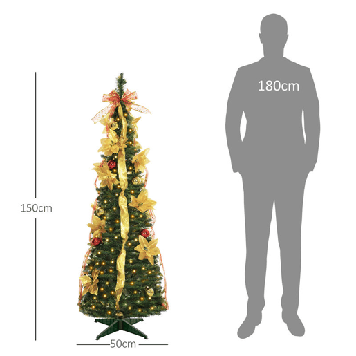 HOMCOM Árvore de Natal 150 cm Árvore de Natal Artificial Dobrável com Luzes LED e Decorações Pré-Instaladas Decoração de Natal para Interior Ø50x150 cm Verde