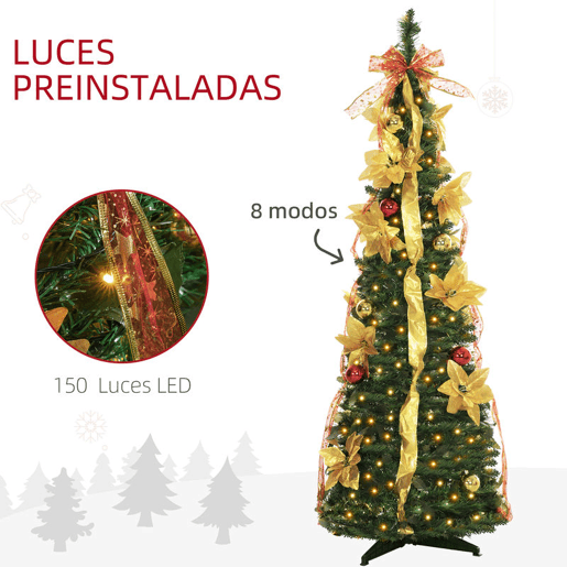 HOMCOM Árvore de Natal 150 cm Árvore de Natal Artificial Dobrável com Luzes LED e Decorações Pré-Instaladas Decoração de Natal para Interior Ø50x150 cm Verde