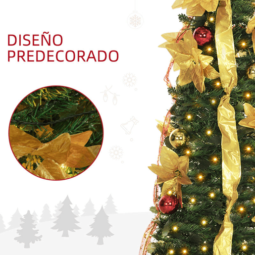 HOMCOM Árvore de Natal 150 cm Árvore de Natal Artificial Dobrável com Luzes LED e Decorações Pré-Instaladas Decoração de Natal para Interior Ø50x150 cm Verde