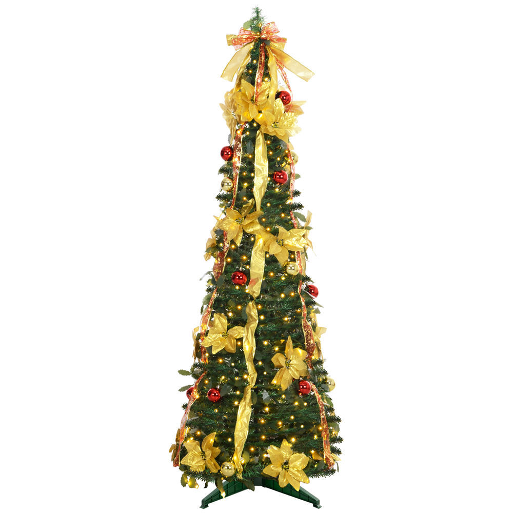 Homcom árbol de navidad 180 cm árbol de navidad con luces led árbol de navidad artificial plegable con adornos pre-instalados árbol navideño para interior verde