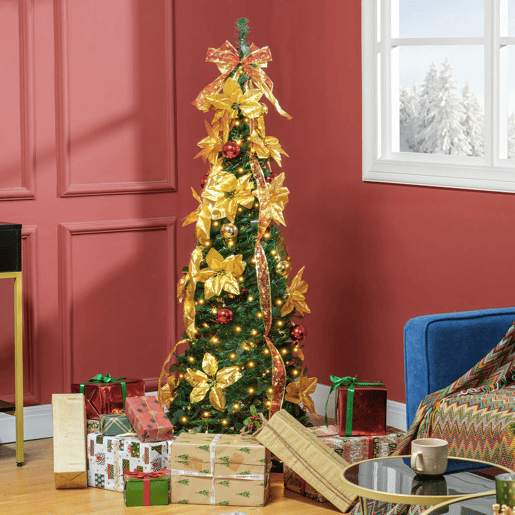 HOMCOM Árvore de Natal 180 cm Árvore de Natal Artificial Dobrável com Luzes LED e Decorações Pré-Instaladas Decoração de Natal para Interior Ø60x180 cm Verde