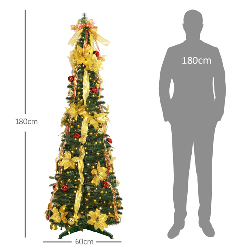 HOMCOM Árvore de Natal 180 cm Árvore de Natal Artificial Dobrável com Luzes LED e Decorações Pré-Instaladas Decoração de Natal para Interior Ø60x180 cm Verde
