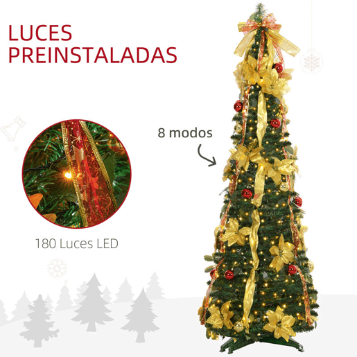 HOMCOM Árvore de Natal 180 cm Árvore de Natal Artificial Dobrável com Luzes LED e Decorações Pré-Instaladas Decoração de Natal para Interior Ø60x180 cm Verde