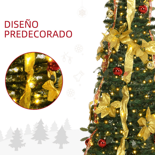 HOMCOM Árvore de Natal 180 cm Árvore de Natal Artificial Dobrável com Luzes LED e Decorações Pré-Instaladas Decoração de Natal para Interior Ø60x180 cm Verde