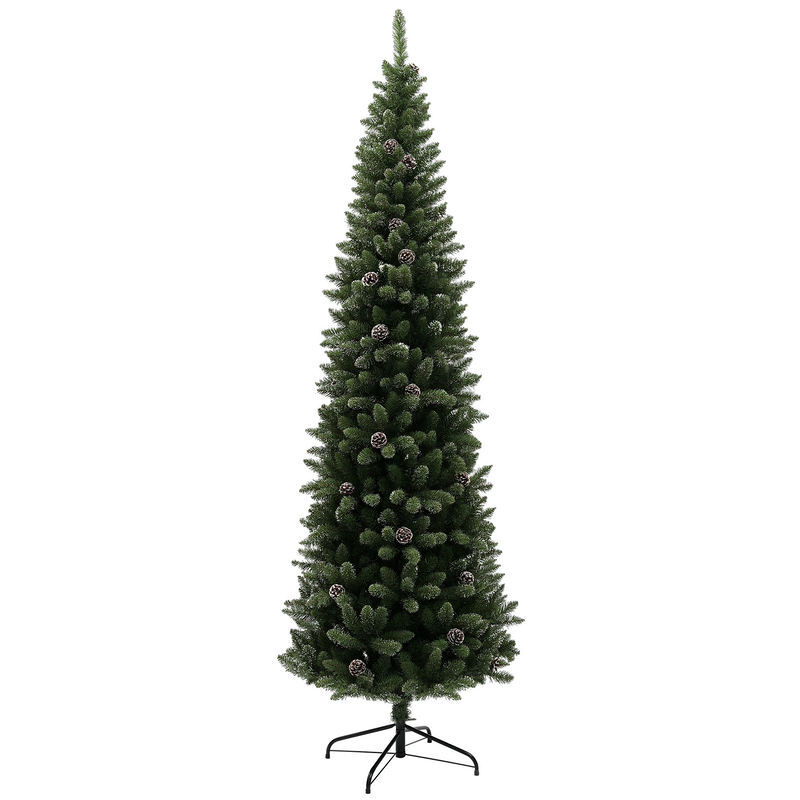 Homcom árbol de navidad estrecho 225 cm árbol de navidad artificial con 980 ramas 75 piñas y soporte de metal árbol navideño para salón interior verde
