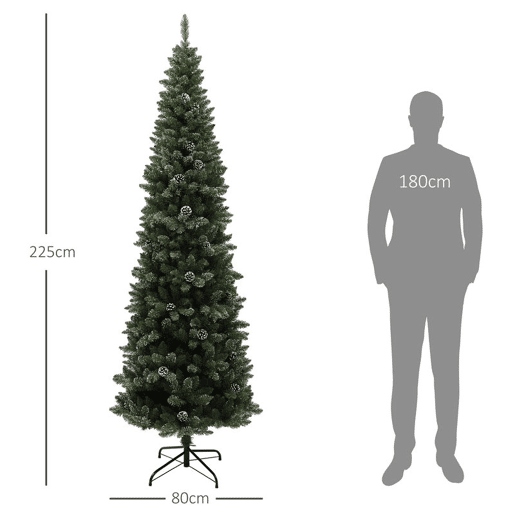 HOMCOM Árvore de Natal Estreita 225 cm Artificial com 980 Ramos com Neve, 75 Pinhas e Suporte de Metal, Decoração Natalícia para Sala Interior Verde