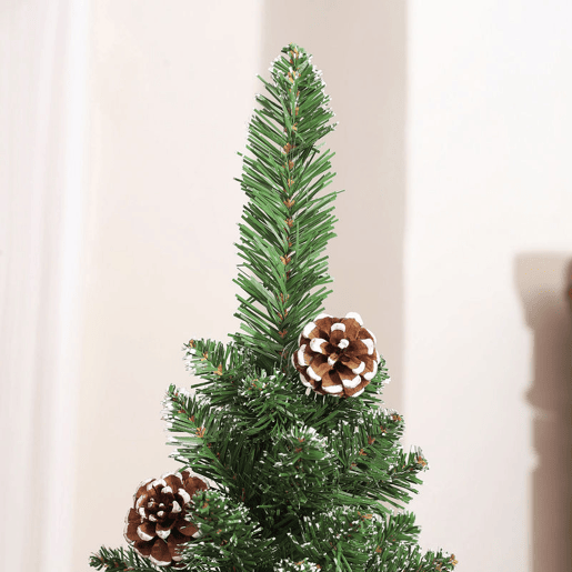 HOMCOM Árvore de Natal Estreita 225 cm Artificial com 980 Ramos com Neve, 75 Pinhas e Suporte de Metal, Decoração Natalícia para Sala Interior Verde