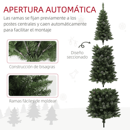 HOMCOM Árvore de Natal Estreita 225 cm Artificial com 980 Ramos com Neve, 75 Pinhas e Suporte de Metal, Decoração Natalícia para Sala Interior Verde