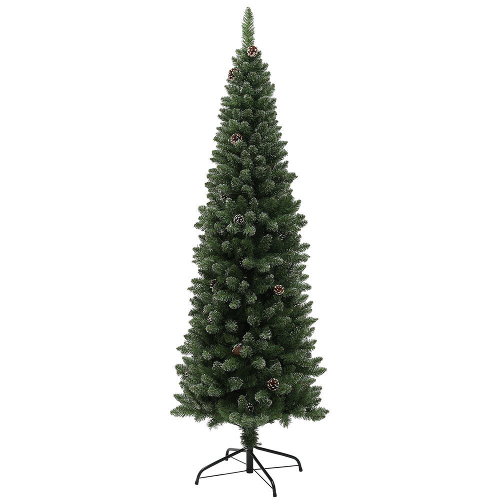 Homcom árbol de navidad estrecho 180 cm árbol de navidad artificial con 618 ramas con nieve 30 piñas y soporte de metal árbol navideño para salón interior verde