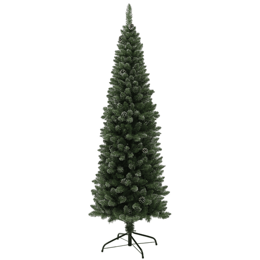 HOMCOM Árvore de Natal Estreita 180 cm Árvore de Natal Artificial com 618 Ramos com Neve, 30 Pinhas e Suporte de Metal, Árvore Natalícia para Sala Interior Verde
