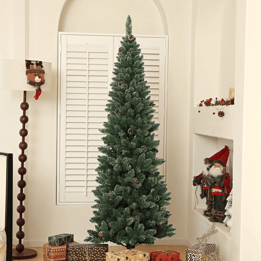 HOMCOM Árvore de Natal Estreita 180 cm Árvore de Natal Artificial com 618 Ramos com Neve, 30 Pinhas e Suporte de Metal, Árvore Natalícia para Sala Interior Verde