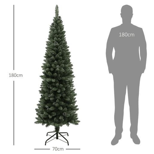 HOMCOM Árvore de Natal Estreita 180 cm Árvore de Natal Artificial com 618 Ramos com Neve, 30 Pinhas e Suporte de Metal, Árvore Natalícia para Sala Interior Verde