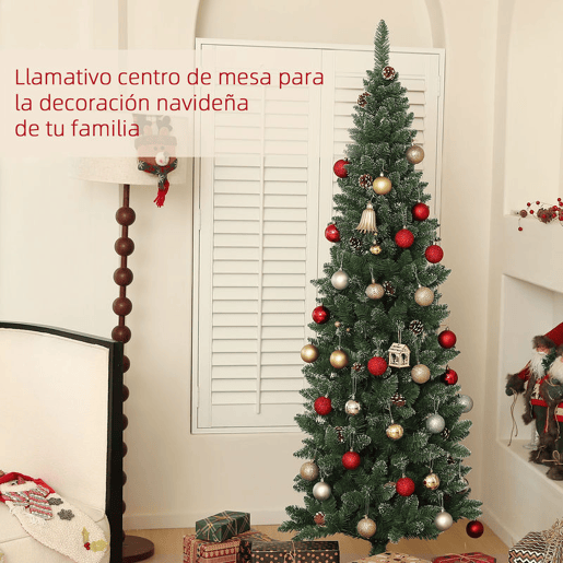 HOMCOM Árvore de Natal Estreita 180 cm Árvore de Natal Artificial com 618 Ramos com Neve, 30 Pinhas e Suporte de Metal, Árvore Natalícia para Sala Interior Verde