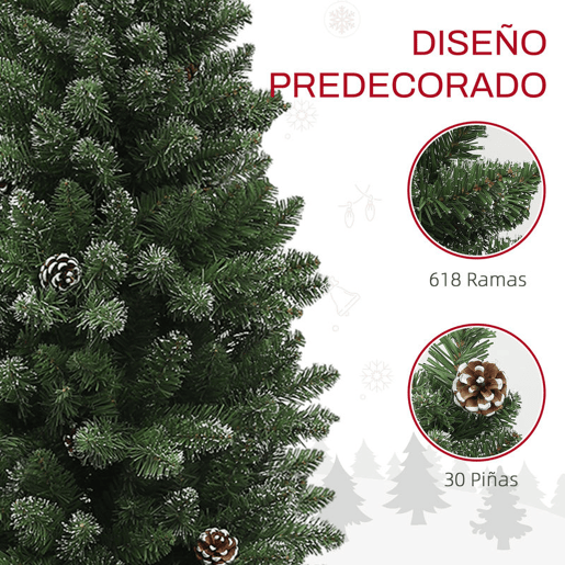 HOMCOM Árvore de Natal Estreita 180 cm Árvore de Natal Artificial com 618 Ramos com Neve, 30 Pinhas e Suporte de Metal, Árvore Natalícia para Sala Interior Verde